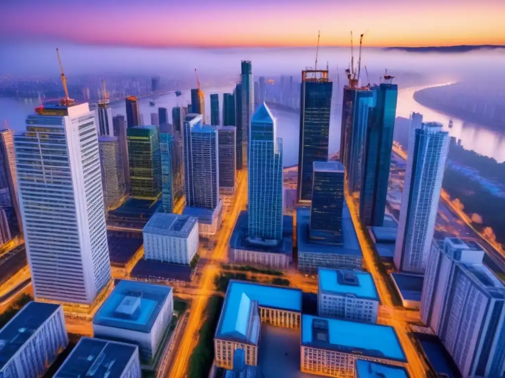 Horizonte urbano al atardecer: crecimiento y dinamismo en la ciudad Impacto de fluctuaciones cambiarias en el mercado inmobiliario: vista aérea impresionante de una ciudad en crecimiento al atardecer