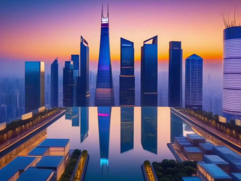 Cityscape futurista al atardecer: impacto de la fluctuación de divisas en el mercado inmobiliario Impacto de fluctuaciones cambiarias en mercado inmobiliario: Futurista ciudad al atardecer con rascacielos y profesionales debatiendo estrategias