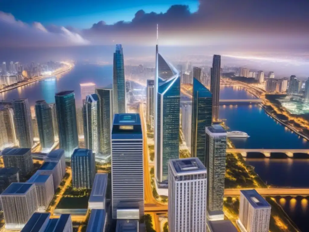 Vista aérea impactante de una ciudad moderna tras fusiones inmobiliarias Impacto de fusiones inmobiliarias en el mercado internacional: vibrante ciudad de rascacielos y luces, reflejo de crecimiento e innovación