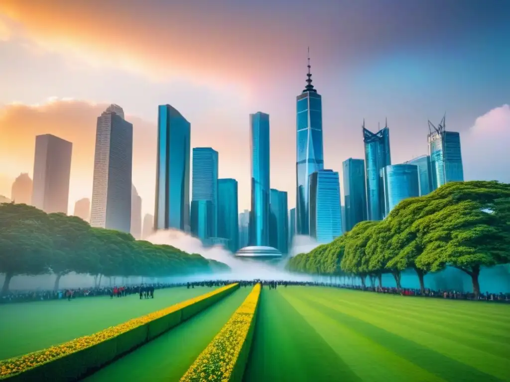 Horizonte urbano: fusión de modernidad y naturaleza Impacto de fusiones inmobiliarias en el mercado internacional: una ciudad vibrante con rascacielos modernos y parques verdes