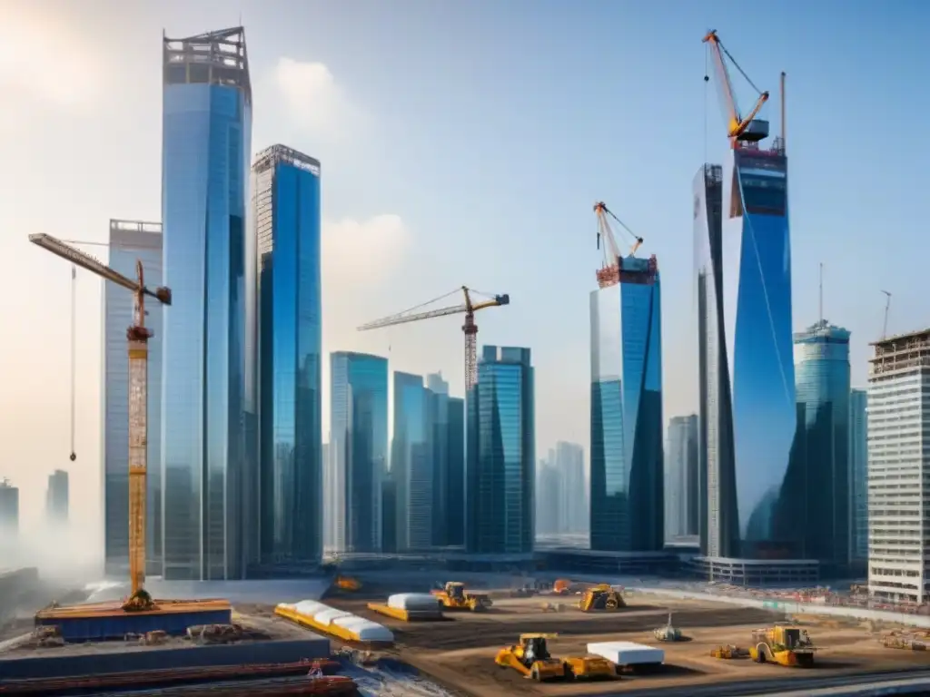 Skyline urbano en crecimiento: impacto de fusiones en proyectos inmobiliarios Impacto de fusiones en el mercado inmobiliario: una ciudad dinámica con rascacielos modernos y una obra en construcción