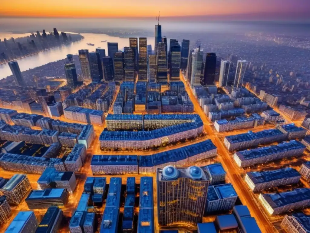 Horizonte urbano al atardecer: fusión arquitectónica en la ciudad Impacto de fusiones en el mercado inmobiliario: ciudad dinámica con rascacielos variados bajo la cálida luz del atardecer