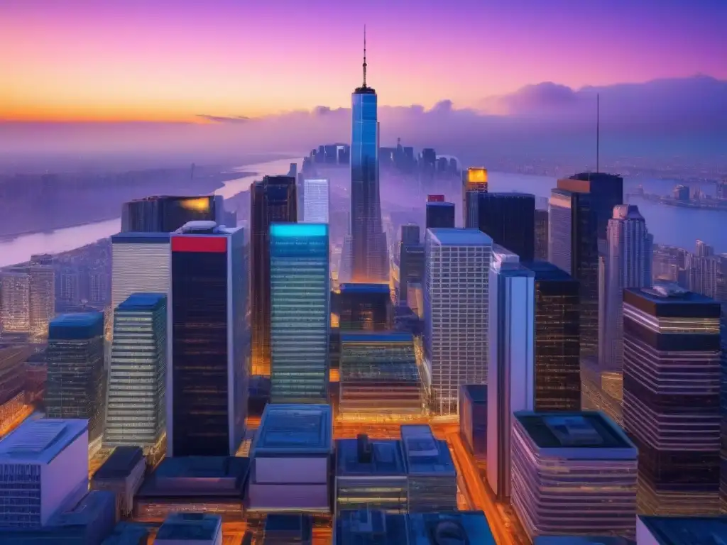 Horizonte urbano en auge: M&A en sector inmobiliario global Impacto de fusiones en el mercado inmobiliario: vibrante skyline urbano al atardecer con profesionales debatiendo