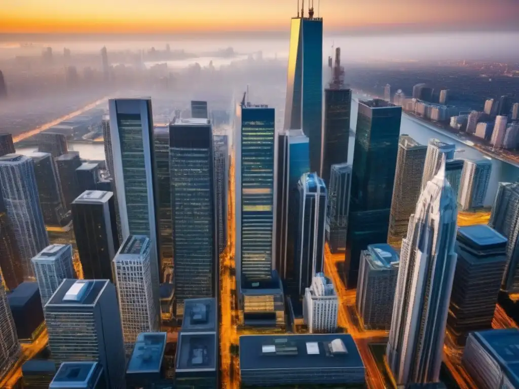 Metrópolis fusionada: impacto de las fusiones en el mercado inmobiliario Impacto de fusiones en el mercado inmobiliario: Vista aérea de una ciudad moderna y vibrante, con rascacielos y edificios de oficinas fusionados