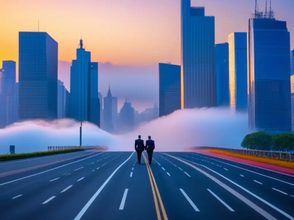 Horizonte urbano moderno al atardecer: fusión en bienes raíces Impacto de fusiones en el mercado inmobiliario: imponentes rascacielos iluminados al atardecer y profesionales en la ciudad moderna