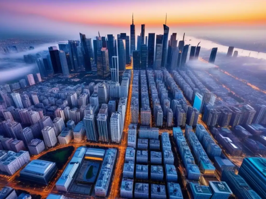 Inversión inmobiliaria global: impacto geopolítico en la ciudad Impacto de la geopolítica en la inversión inmobiliaria global: ciudad bulliciosa con rascacielos y calles vibrantes llenas de gente y tráfico