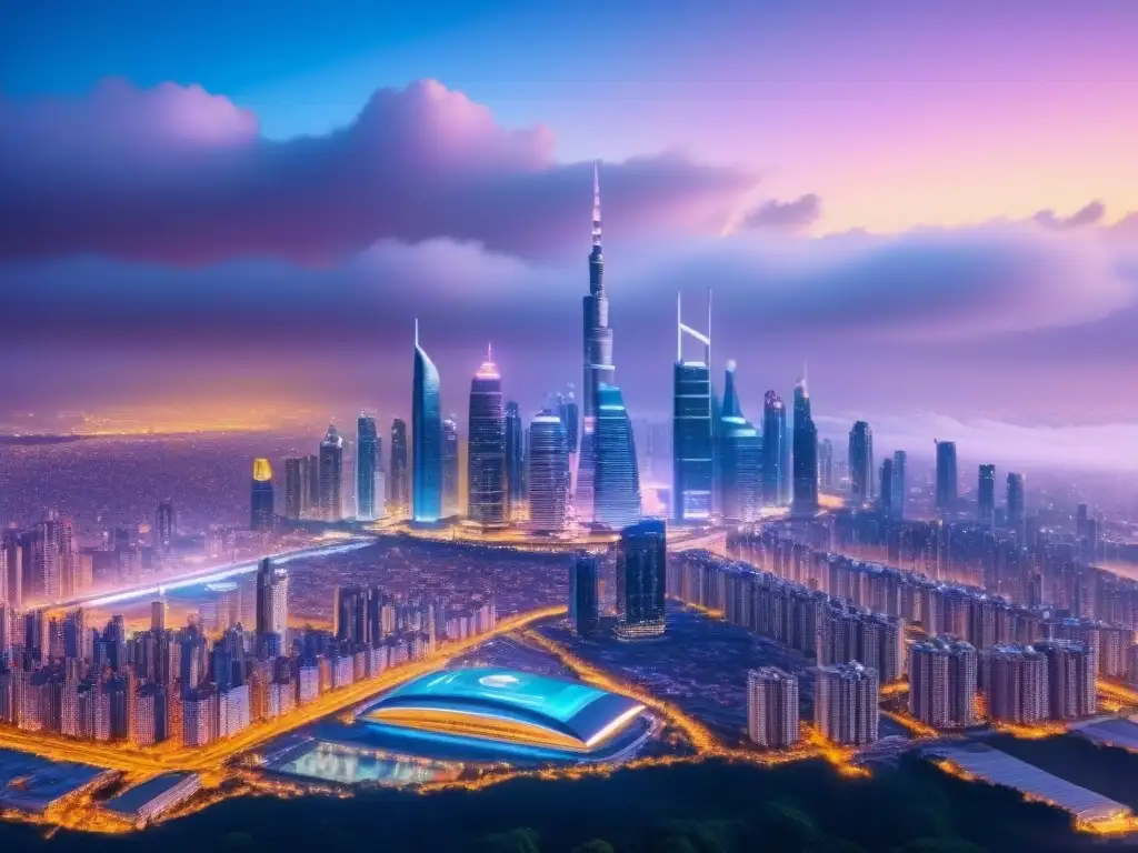 Metrópolis futurista: luces neon de la prosperidad global Impacto de la inflación en precios de propiedades internacionales: ciudad futurista nocturna con rascacielos iluminados por luces de neón