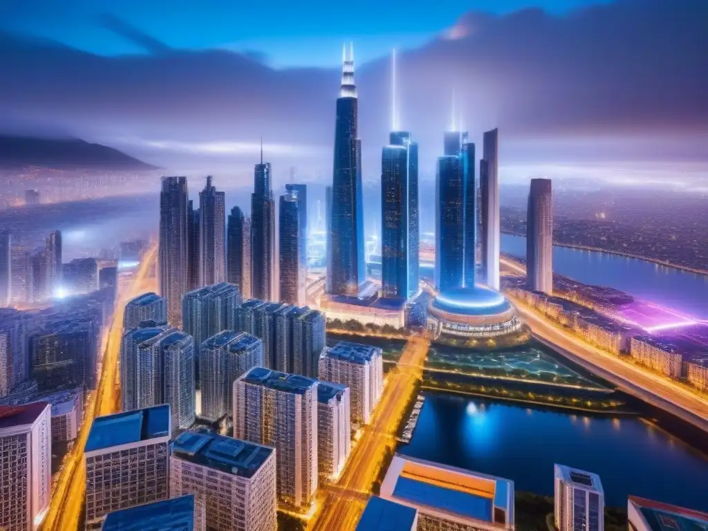 Metrópolis del Futuro: Legislación Inmobiliaria Global Impacto de la globalización en la legislación inmobiliaria: ciudad futurista con rascacielos conectados por redes brillantes