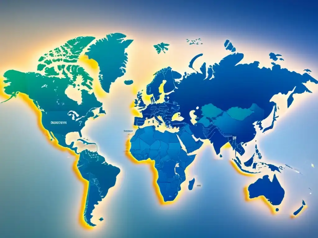 Mapa Global de Leyes Inmobiliarias: Detalles Intrincados Impacto de leyes locales en litigios internacionales: mapa global con documentos legales superpuestos, detallados en azules y verdes
