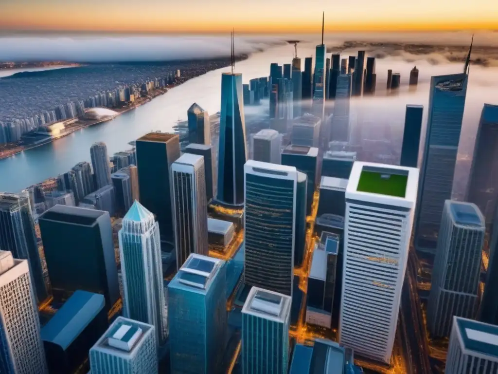 Inversiones globales en disputas inmobiliarias internacionales Impacto de leyes locales en litigios internacionales: Vista aérea impresionante de una ciudad moderna con rascacielos y calles concurridas