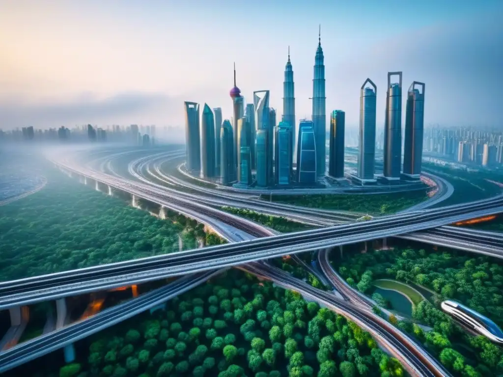 Metrópolis futurista del Belt and Road Initiative Impacto del mercado inmobiliario con la Franja y la Ruta: ciudad futurista, rascacielos modernos y trenes de alta velocidad