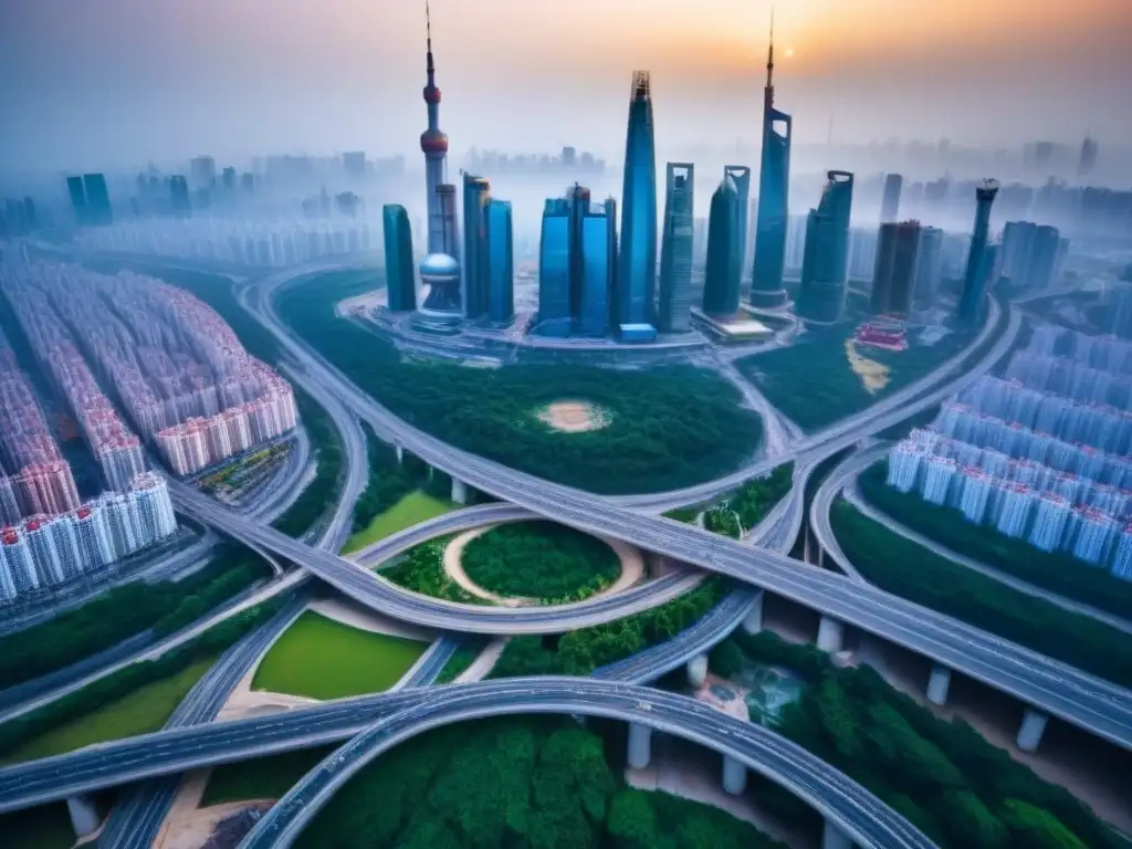 Transformación global: impacto de la Iniciativa Belt and Road en el mercado inmobiliario Impacto del mercado inmobiliario por la Franja y la Ruta: vista aérea de una ciudad con rascacielos y construcción