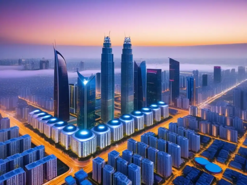 Metrópolis futurista: tecnología y sostenibilidad en 2030 Impacto del IoT en el mercado inmobiliario global: Ciudad futurista con rascacielos iluminados, drones y sensores inteligentes