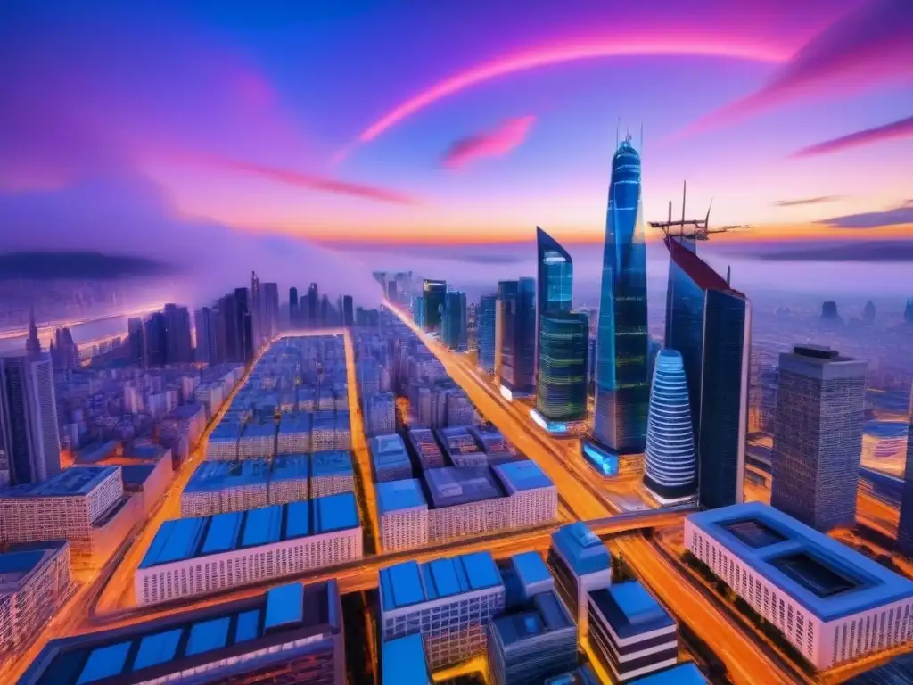 Metrópolis futurista: luces neón en la ciudad inteligente Impacto del IoT en el mercado inmobiliario global: Una ciudad futurista con rascacielos iluminados por luces de neón al anochecer