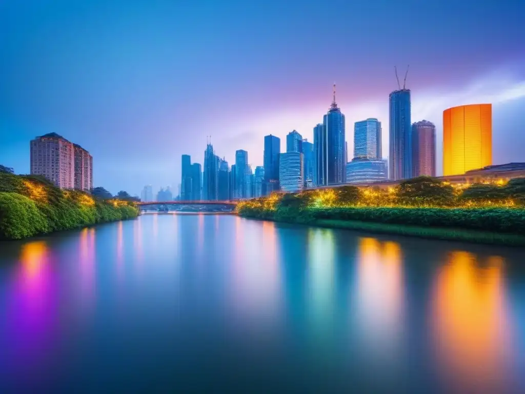 Horizonte urbano moderno iluminado al anochecer Impacto en el mercado inmobiliario: ciudad moderna al anochecer con rascacielos iluminados y río reflejando luces