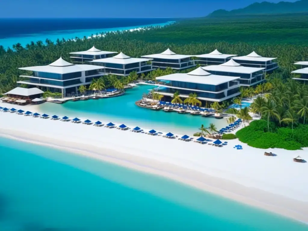 Resort de lujo: piscinas geométricas y vistas al mar Impacto de la globalización en el mercado inmobiliario vacacional: resort de lujo con piscinas geométricas y arquitectura moderna en playa paradisíaca