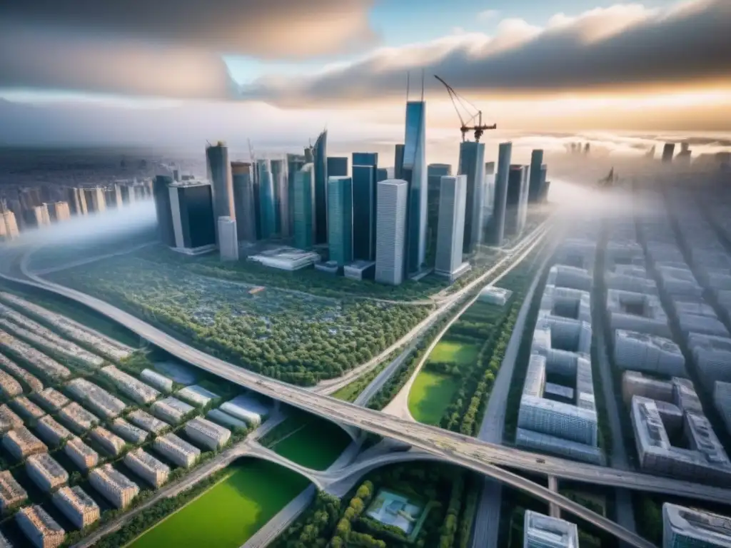 Metrópolis vibrante: armonía entre modernidad y naturaleza Impacto de la migración en el desarrollo urbano: una vista aérea detallada que muestra la vibrante interacción entre la ciudad y la naturaleza