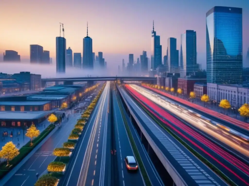 Cityscape 8K: Integración urbana moderna y jardines verdes Impacto de la migración en el desarrollo urbano: ciudad moderna con arquitectura verde y bulliciosa vida urbana al anochecer