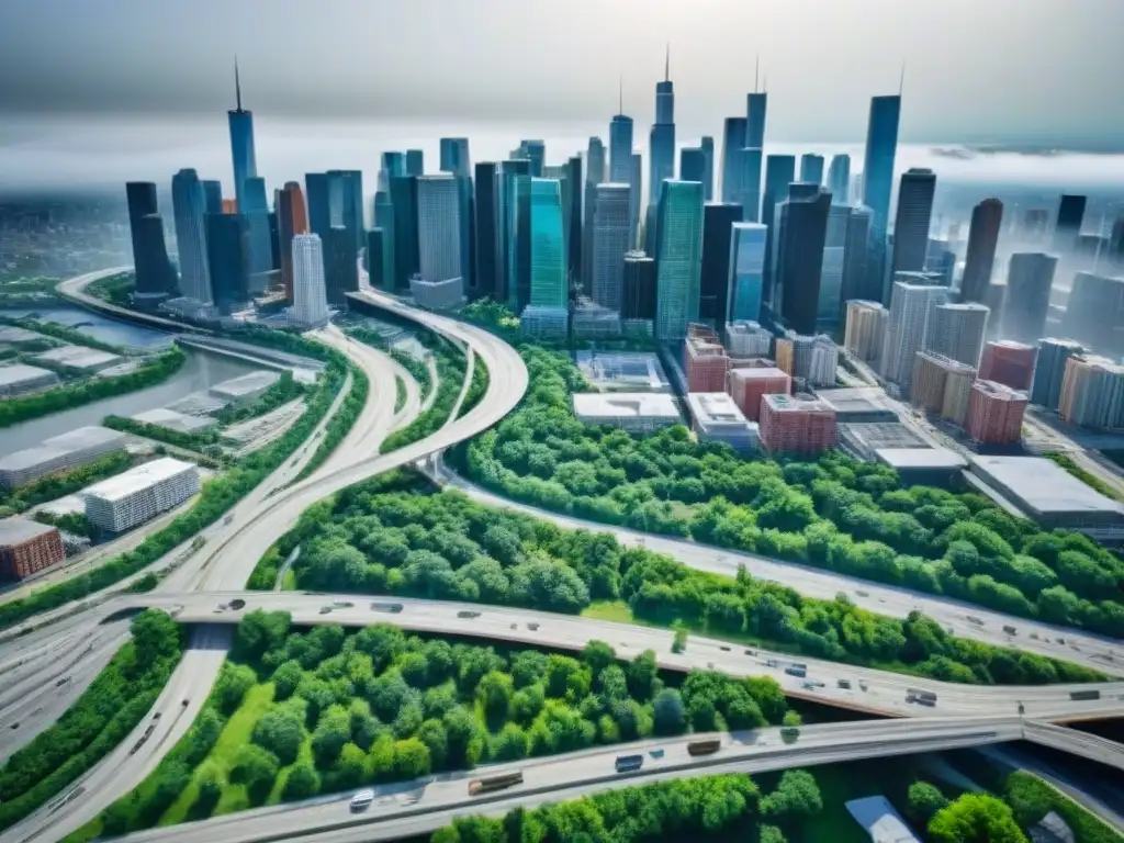 Vista aérea detallada de una ciudad dinámica en América del Norte, reflejando la migración interna y la transformación urbana Impacto de la migración interna en el mercado inmobiliario de América del Norte: una vista aérea detallada de una ciudad bulliciosa con rascacielos, edificios residenciales y autopistas entrelazadas con espacios verdes, destacando el paisaje urbano afectado por las tendencias de migr