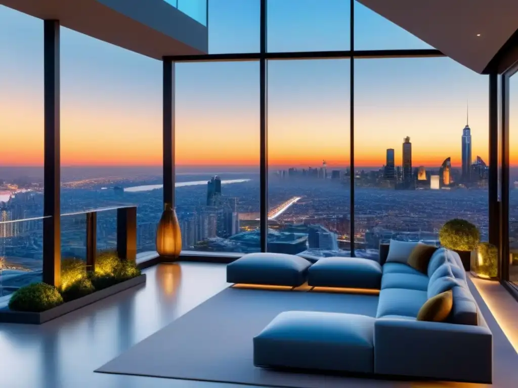 Penthouse de lujo con vista panorámica y diseño elegante Impacto de la migración en el mercado inmobiliario: lujoso ático moderno con vista panorámica de la ciudad al atardecer