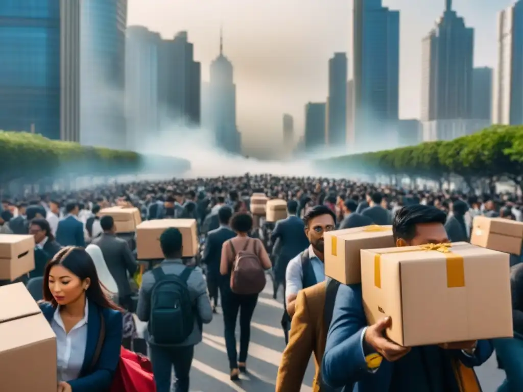 Transformación urbana: migración y mercado inmobiliario Impacto de la migración en el mercado inmobiliario: ciudad bulliciosa con rascacielos, calles llenas de gente con cajas y maletas