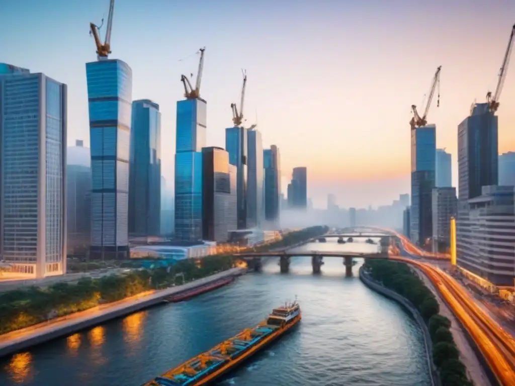 Metrópolis vibrante al atardecer: migración interna y desarrollo urbano Impacto de la migración en proyectos inmobiliarios: ciudad moderna al anochecer, con rascacielos iluminados y diversidad de personas en movimiento