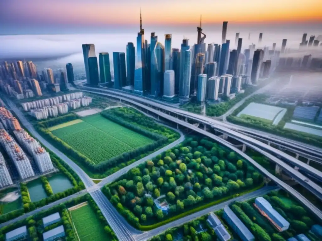 Metrópolis en evolución: arquitectura y migración interna Impacto de la migración en proyectos inmobiliarios: vibrante ciudad con rascacielos, zonas verdes y construcción