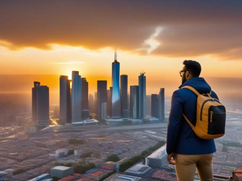 Puesta de sol en metrópolis: símbolo de crecimiento y migración Impacto migratorio mercado inmobiliario internacional: Ciudad moderna con rascacielos al atardecer, reflejando crecimiento y cambio