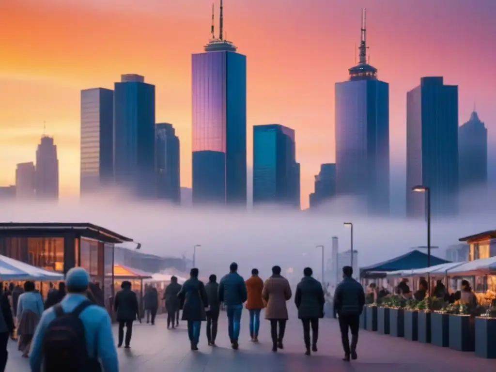 Horizonte urbano al atardecer: modernidad y diversidad en la ciudad Impacto migratorio en el mercado inmobiliario: Una ciudad moderna al atardecer, con rascacielos relucientes y cielos naranjas y rosados vibrantes
