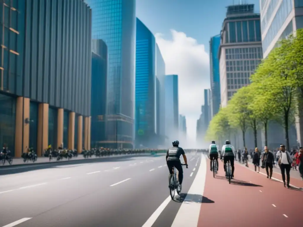 Escena urbana sostenible: coches eléctricos, ciclistas y peatones en armonía Impacto de la movilidad sostenible en el mercado inmobiliario: ciudad vibrante con autos eléctricos, ciclistas y peatones
