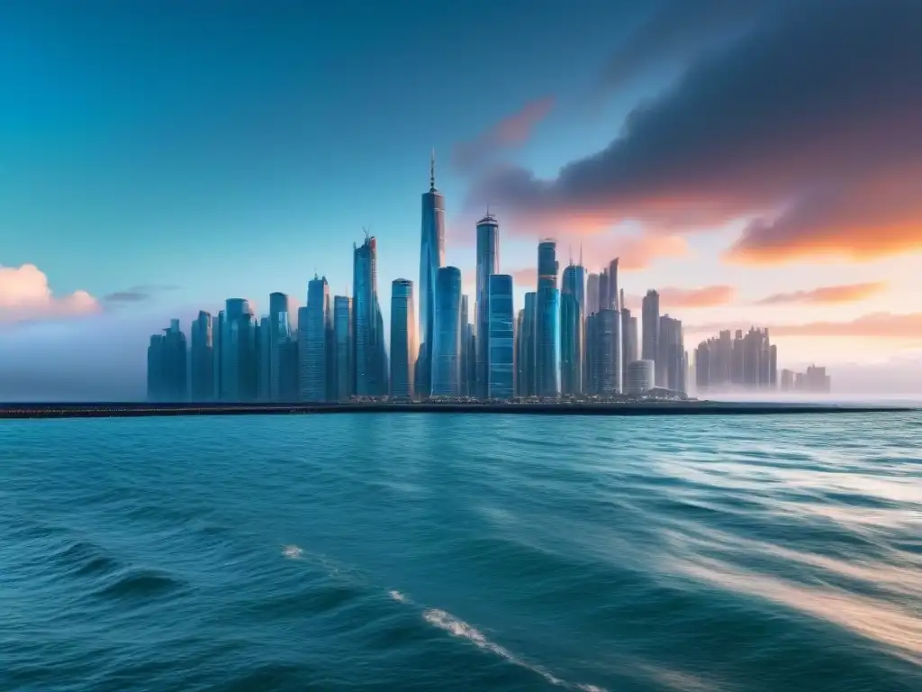 Metrópolis futurista: desafíos del aumento del nivel del mar Impacto del nivel del mar en bienes raíces: ciudad futurista con rascacielos y tecnología avanzada integrada, frente a la subida del mar