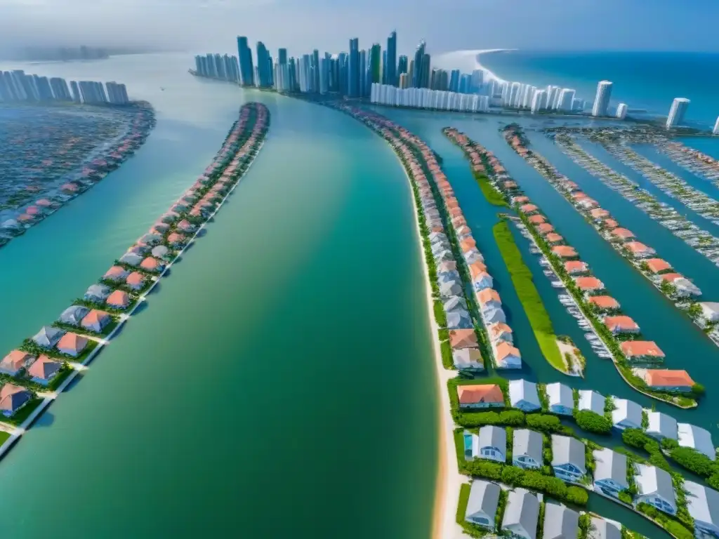 Inundación por aumento del nivel del mar en ciudad costera Impacto del nivel del mar en bienes raíces costeros: ciudad moderna con rascacielos y propiedades de lujo inundadas, residentes evacuando en botes