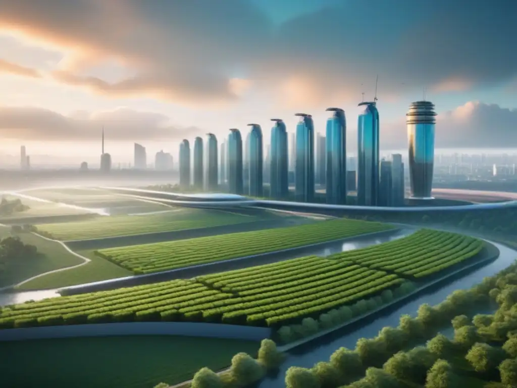 Metrópolis eco-sostenible: futuro urbano verde y moderno Impacto de normativas ambientales en mercado inmobiliario: Ciudad futurista ecoamigable, integrando naturaleza y energías renovables