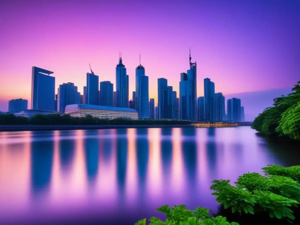Horizonte urbano moderno al atardecer: innovación y armonía Impacto de normativas ambientales en el mercado inmobiliario: Ciudad moderna al atardecer, edificios iluminados sobre río tranquilo
