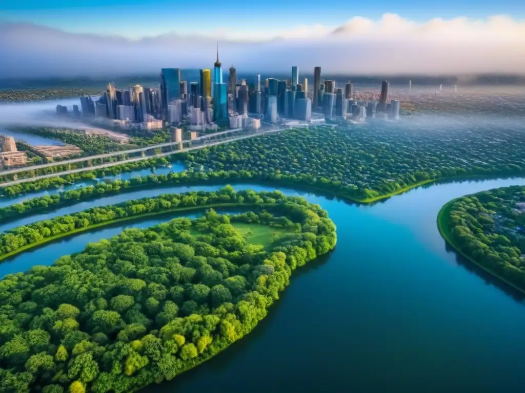 Skyline moderno y naturaleza: impacto ambiental en Norteamérica Impacto de la política ambiental en el mercado inmobiliario de Norteamérica: modernos rascacielos rodeados de parques verdes y agua cristalina
