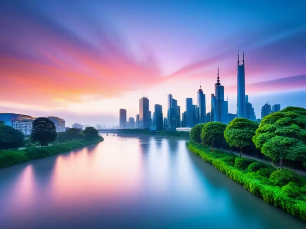 Horizonte urbano moderno al atardecer: arquitectura futurista y espacios verdes en armonía Impacto de políticas ambientales en la inversión inmobiliaria: horizonte de ciudad moderna al anochecer, con rascacielos iluminados y un río sereno