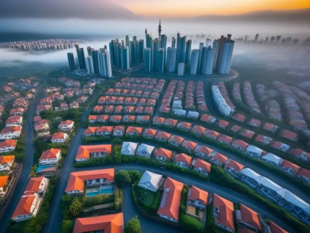 Contraste urbano: evolución de la vivienda en países emergentes Impacto de políticas gubernamentales en vivienda en mercados emergentes: contraste entre lo tradicional y moderno en una bulliciosa ciudad en desarrollo