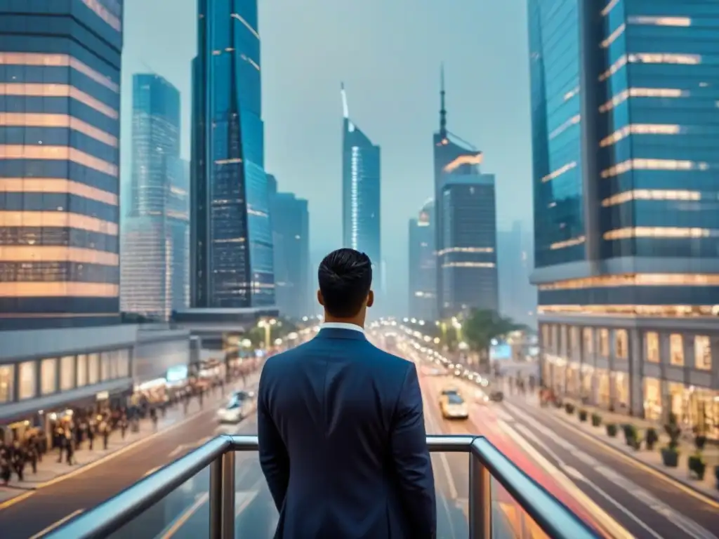 Inversión inmobiliaria internacional: ciudad futurista al anochecer Impacto de políticas en inversión inmobiliaria internacional en una ciudad futurista iluminada