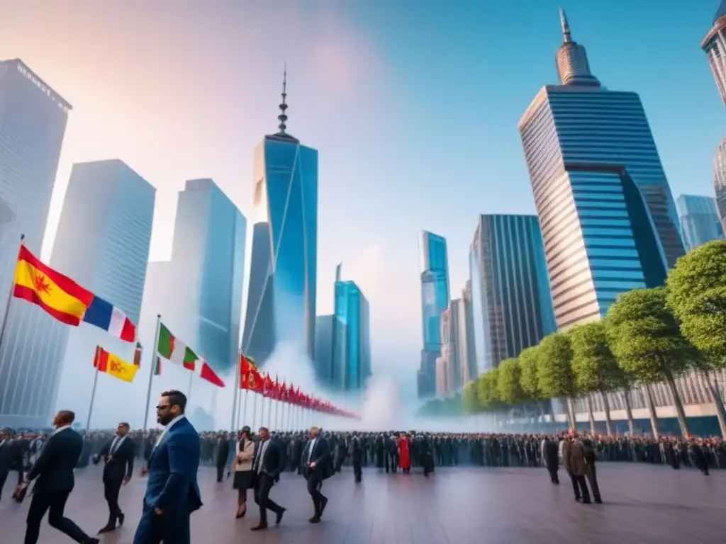 Cityscape global con banderas: impacto político en inversión inmobiliaria Impacto de políticas en inversión inmobiliaria internacional: ciudad vibrante con rascacielos y banderas internacionales ondeando