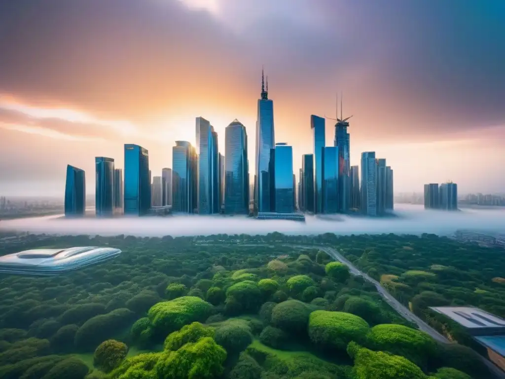 Metrópolis emergente: impacto de políticas gubernamentales en mercado inmobiliario Impacto de políticas en mercado inmobiliario: ciudad moderna con rascacielos rodeados de parques verdes, reflejando dinámico crecimiento urbano
