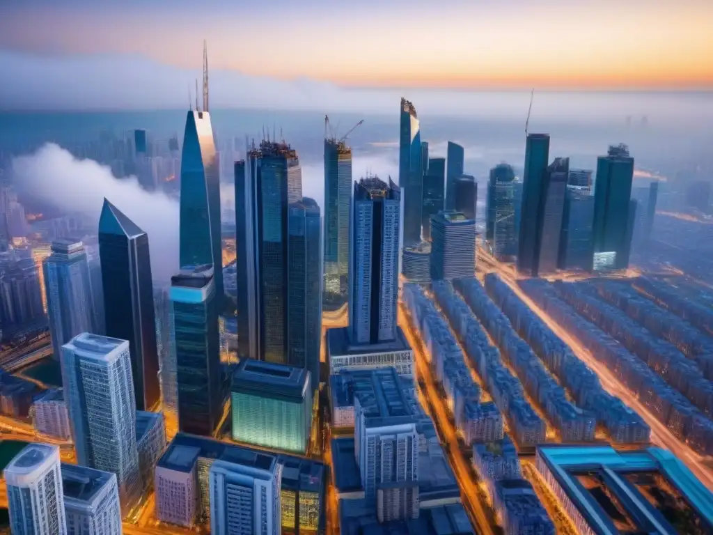 Contrastes urbanos: modernidad y tradición en ciudad en crecimiento 'Impacto de políticas en mercado inmobiliario: ciudad en crecimiento con rascacielos modernos y edificios tradicionales