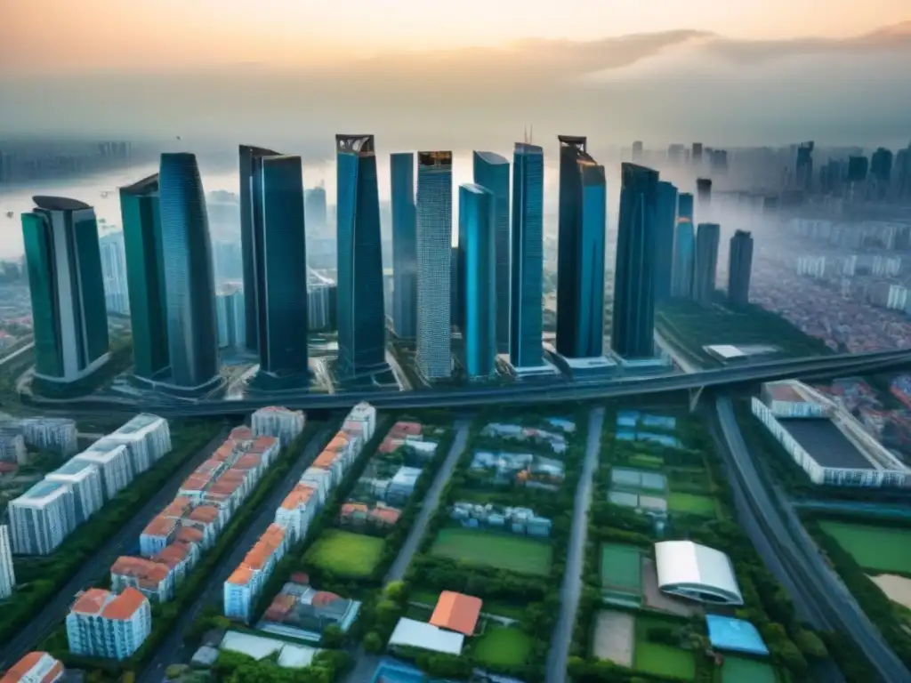 Vibrante mercado inmobiliario: crecimiento urbano en desarrollo Impacto de políticas en el mercado inmobiliario: Vista aérea de una ciudad en crecimiento con rascacielos y construcción activa