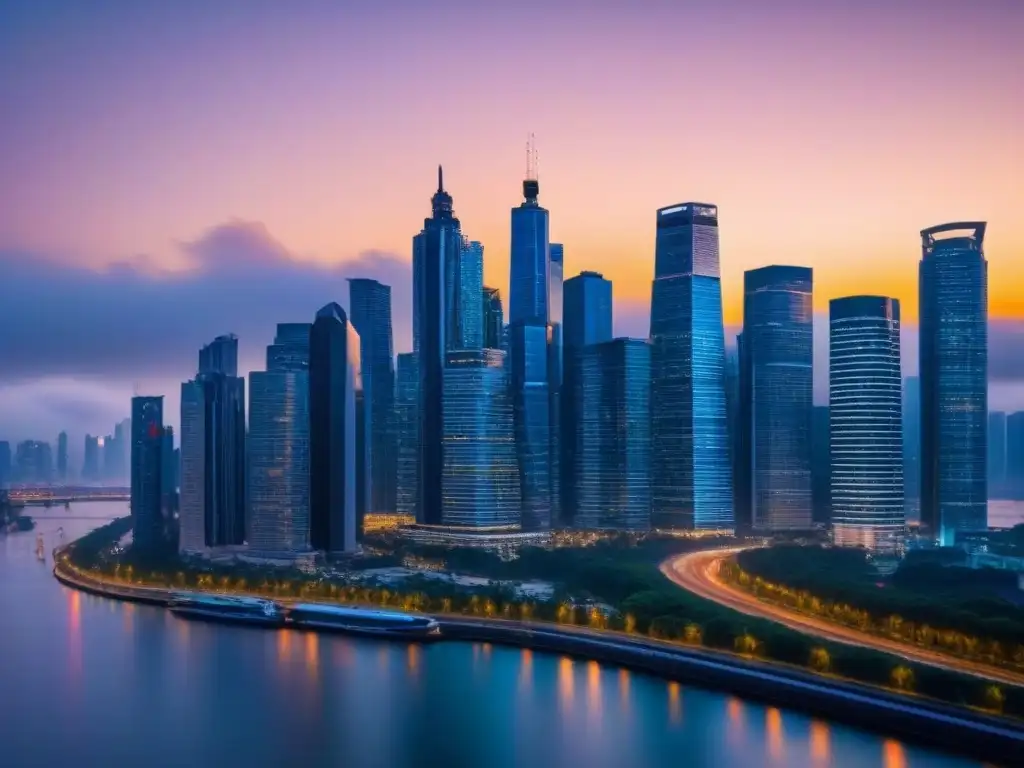 Horizonte urbano nocturno: mercado inmobiliario próspero Impacto de políticas de vivienda en la inversión inmobiliaria global, reflejado en el dinámico horizonte urbano al anochecer