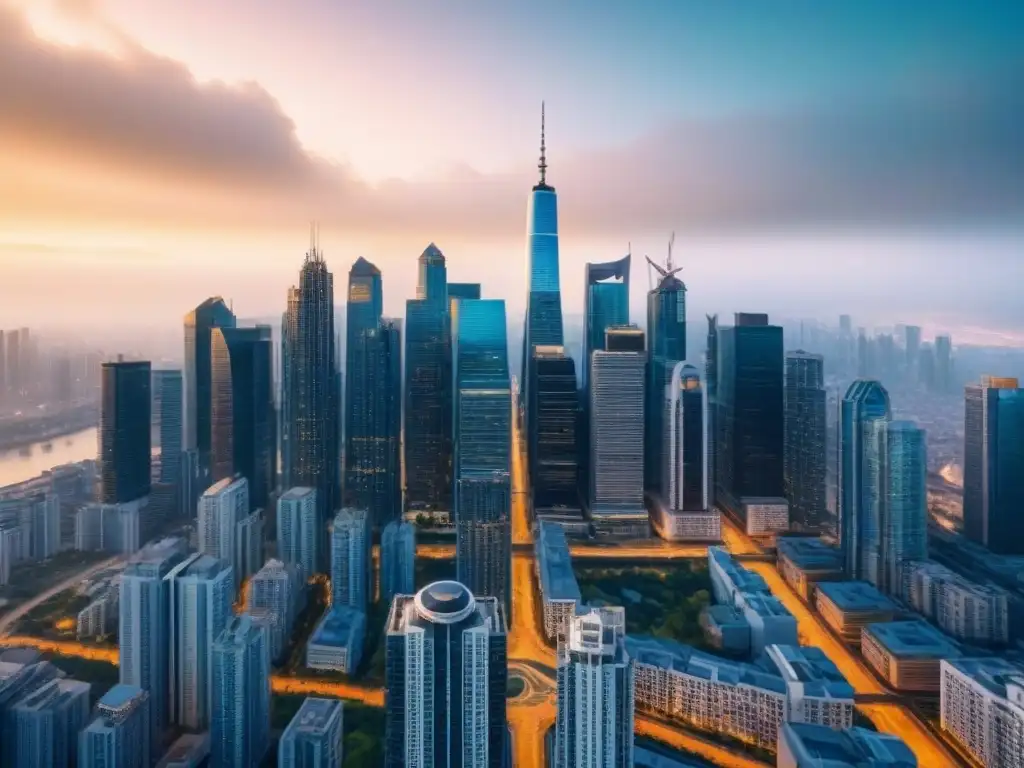 Impacto de políticas de vivienda en inversión inmobiliaria global, reflejado en skyline futurista de la ciudad