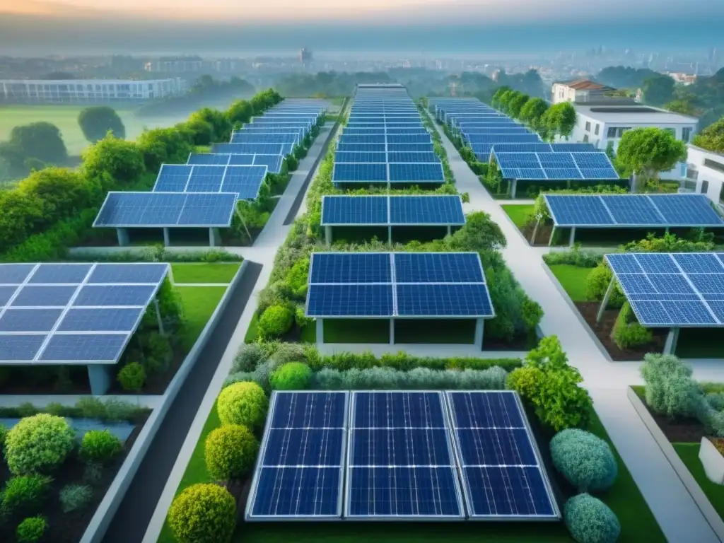 Arquitectura sostenible: ciudad moderna con techos verdes y paneles solares Impacto positivo de normativas ambientales en rentabilidad inmobiliaria: moderna ciudad eco-friendly con techos verdes y paneles solares