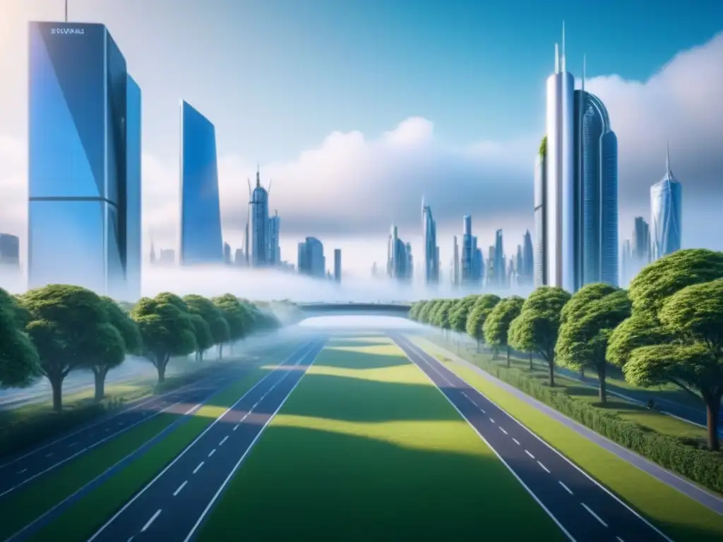 Escenario postBrexit: Futurista ciudad sostenible y tecnológica Impacto postBrexit en mercado inmobiliario: Futurista ciudad con rascacielos, transporte avanzado y espacios verdes integrados