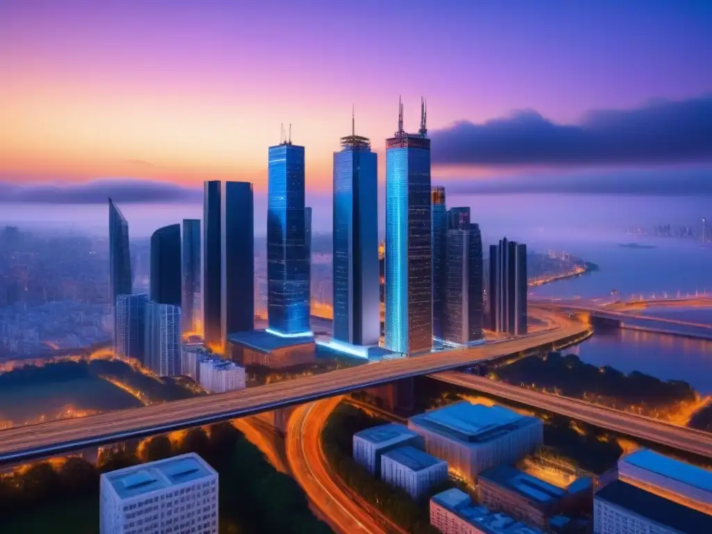 Metrópolis futurista: luces, modernidad y conexión global Impacto de la globalización en los precios inmobiliarios: ciudad futurista iluminada con rascacielos y calles con vehículos autónomos