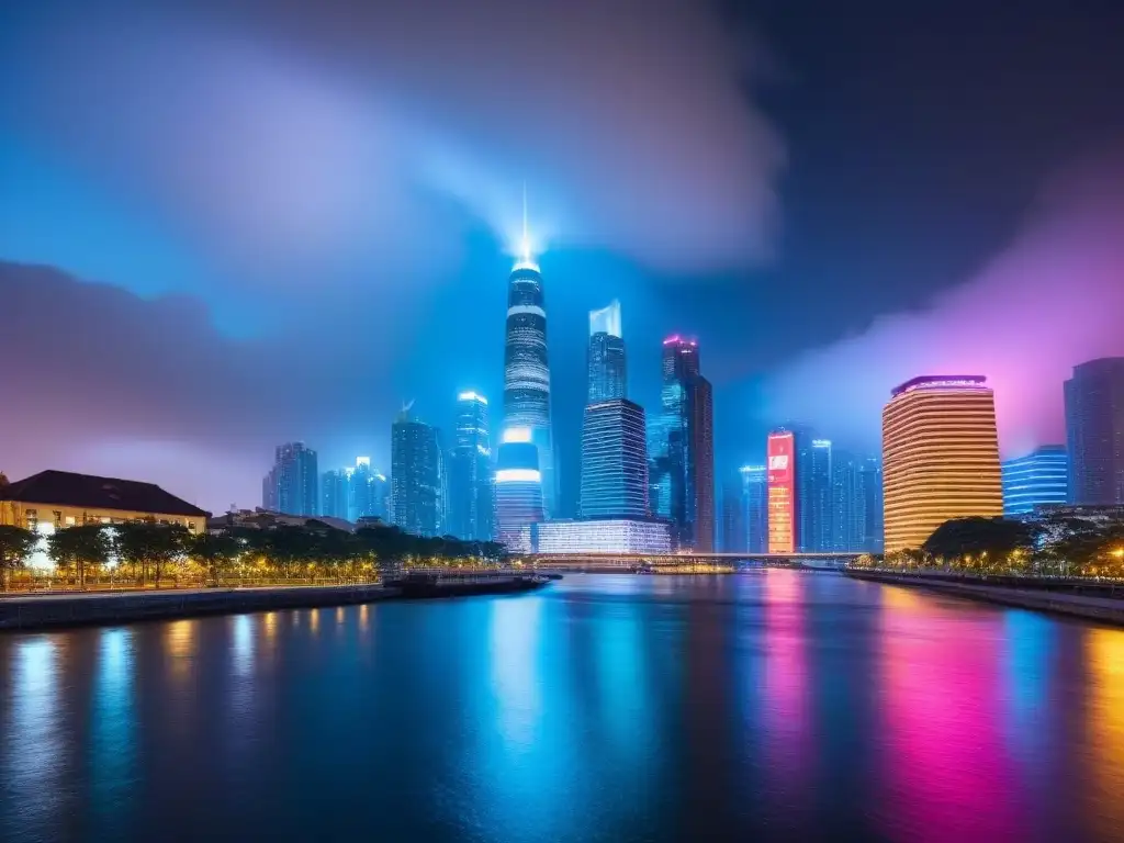 Metrópolis nocturna: luces y arquitectura reflejadas en el río Impacto de las regulaciones fiscales en el mercado inmobiliario: una ciudad vibrante y moderna iluminada por luces coloridas