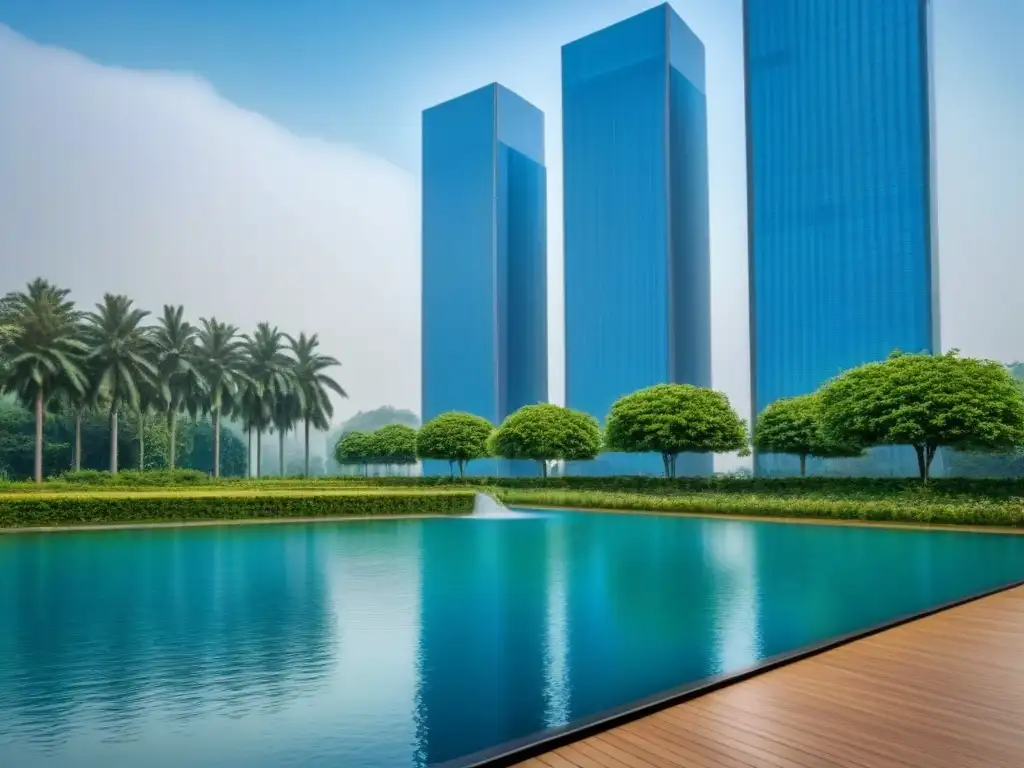 Desarrollo inmobiliario de lujo: impacto global Impacto de regulaciones fiscales en el mercado inmobiliario: Complejo de lujo con diseño moderno, fachadas de vidrio y exuberante vegetación