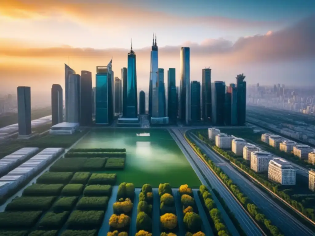 Cityscape dorado: el equilibrio entre regulaciones fiscales y bienes raíces Impacto de regulaciones fiscales en sector inmobiliario: ciudad moderna con rascacielos y parques, reflejando el atardecer